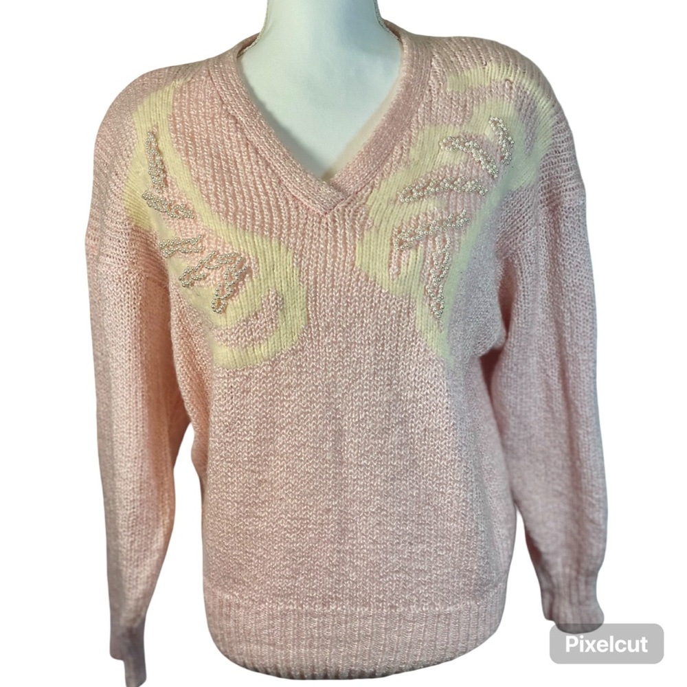 Pink and Cream Women's Sweater 80's Perfect Condition with Pearl accents